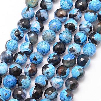 Natural Fire Crackle Agate Bead Strands, Round, Grade A, Faceted, Dyed & Heated, Deep Sky Blue, 8mm, Hole: 1mm, about 47pcs/strand, 15 inch