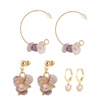 3 Pairs 3 Style Natural Amethyst Chips Beaded Cluster Dangle Stud & Leverback Earrings, Brass Half Hoop Earrings for Women, Golden, 21~32mm, Pin: 0.7~0.9mm, 1 Pair/style