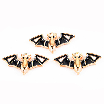 Light Gold Tone Alloy Enamel Pendants, Cadmium Free & Lead Free, Halloween, Bat, Black, 15.5x29x3.8mm, Hole: 1.5mm