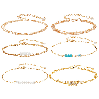 Elite 5Pcs 5 Style Alloy Satellite & Curb Chains Multi-strand Bracelets Set, with 1Pc Clear Glass Butterfly Link Anklet, Evil Eye & Synthetic Turquoise Beaded Stackable Bracelets for Women, Golden, 6-1/2 inch(16.5cm)~8-3/4 inch(22.3cm), 1Pc/style