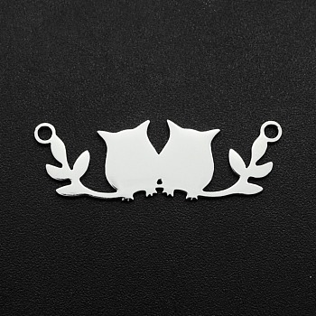 201 Stainless Steel Links, Owl with Branch, Laser Cut, Stainless Steel Color, 10x29x1mm, Hole: 1.5mm