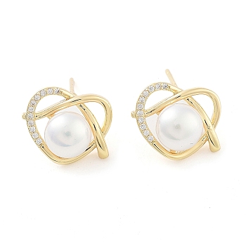 Heart Brass with Glass Stud Earrings, with Plastic Pearl, Light Gold, 12.5x15.5mm