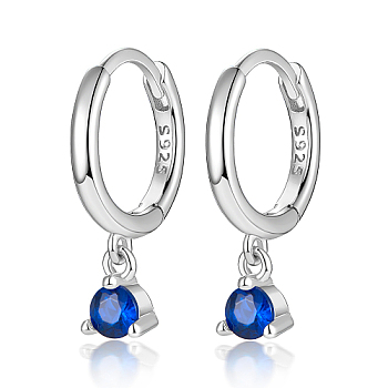 Rhodium Plated Platinum 925 Sterling Silver Hoop Earrings, with Cubic Zirconia Diamond Charms, with S925 Stamp, Blue, 17mm