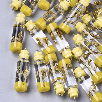 Glass Bottle Decorations, with Resin & Dried Flower, Resin Tampions and Iron Findings, Gold, 42~44x11mm, Hole: 2mm