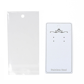 Paper Display Cards, with OPP Cellophane Bags, for Bracelet, Necklace, Earring Storage, Rectangle with Word Stainless Steel & Flower Pattern, White, Card: 13.5x7x0.05cm, Bag: 17x8.2x0.02cm