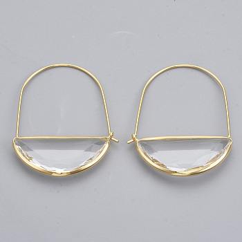 Brass Hoop Earrings, with Glass, Nickel Free, Real 18K Gold Plated, Faceted, Half Round, Clear, 44mm, Pin: 0.8mm