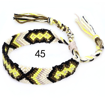 Cotton Braided Rhombus Pattern Cord Bracelet, Ethnic Tribal Adjustable Brazilian Bracelet for Women, Champagne Yellow, 5-7/8~14-1/8 inch(15~36cm)