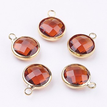 Golden Tone Brass Glass Flat Round Charms, Faceted, Orange Red, 14x10.5x5mm, Hole: 1.5mm