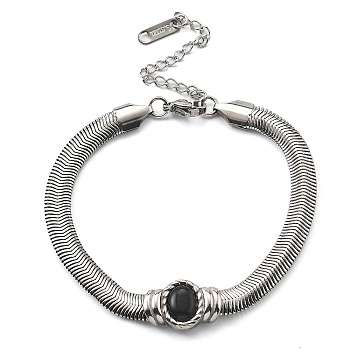 304 Stainless Steel Bracelets, with Oval Cat Eye, Stainless Steel Color, 6-3/4x1/4 inch(17.3x0.6cm)