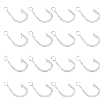 16Pcs 201 Stainless Steel Hook Clasps, Fish Hook Charms, Stainless Steel Color, 38x21x2.5mm, Hole: 4.5mm