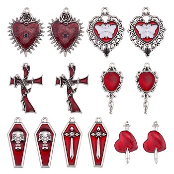 14Pcs 7 Style Halloween Alloy Rhinestone Pendants, with Enamel, for DIY Necklace Bracelet Earring Accessories, Heart with butterfly & Cross & Mirror, Platinum, 30x25mm, 2pcs/style