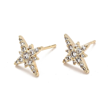 Clear Cubic Zirconia Star Stud Earrings, Brass Jewelry for Women, Cadmium Free & Nickel Free & Lead Free, Real 18K Gold Plated, 12x10mm, Pin: 0.7mm