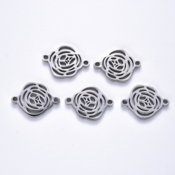 201 Stainless Steel Links Connectors, Laser Cut, Rose Flower, Stainless Steel Color, 14x19x1.5mm, Hole: 1.6mm