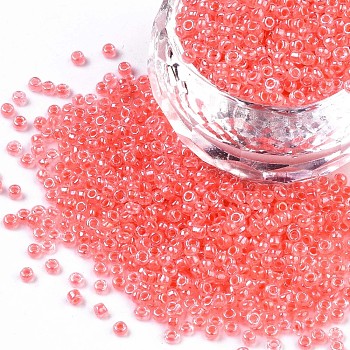 12/0 Glass Seed Beads, Transparent Inside Colours Luster, Round Hole, Round, Pale Violet Red, 12/0, 2~2.5x1.5~2mm, Hole: 0.8mm, about 3333pcs/50g