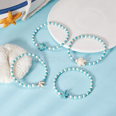 4Pcs 4 Style Dyed Synthetic Turquoise Starfish & Turtle Beaded Stretch Bracelets Set for Women(BJEW-JB09337)-2