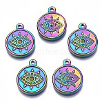 Rainbow Color 304 Stainless Steel Pendants Rhinestone Settings, Cadmium Free & Nickel Free & Lead Free, Flat Round with Eye, Fit For 0.8mm Rhinestone, 19x15.5x2.5mm, Hole: 1.6mm(STAS-S119-094)