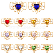 14Pcs 7 Colors Alloy Rhinestone Connector Charms, Light Gold, Heart Links, Mixed Color, 22x31x5~5.5mm, Hole: 10.5x3.5mm, 2pcs/color(FIND-HY0003-39)