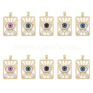 10Pcs 5 Colors Brass Micro Pave Clear Cubic Zirconia Pendants, with Resin, Real 18K Gold Plated, Rectangle with Evil Eye, Mixed Color, 31x20.5x6mm, Hole: 5x3mm, 2pcs/color(ZIRC-DC0001-19)