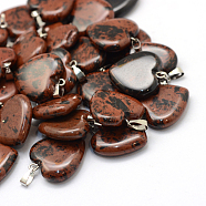 Heart Natural Mahogany Obsidian Pendants, with Platinum Tone Brass Findings, 20~22x20~21x5~8mm, Hole: 2x7mm(G-Q438-02)