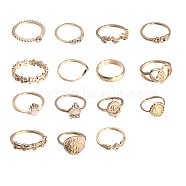 15Pcs 15 Style Flower & Hamsa Hand & Oval & Cross Alloy Finger Rings Set, Stackable Rings for Women, Golden, Inner Diameter: 16~18mm, 1Pc/style(AJEW-PW0005-13G)