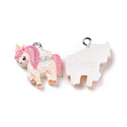 Opaque Resin Pendants, with Glitter Powder and Platinum Tone Iron Loops, Unicorn Charm, Pink, 21x19.5x5.5mm, Hole: 2mm(RESI-J023-14C)