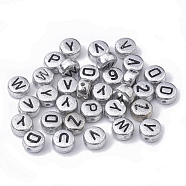 Plating Acrylic Beads, Horizontal Hole, Flat Round with Letter, Silver Plated, 7x4mm, Hole: 1mm, about 3600pcs/500g(PACR-T004-03S)