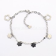 304 Stainless Steel Flower Charms Bracelets, with 304 Stainless Steel Findings, Lobster Claw Clasps and End Chains, Stainless Steel Color, 9-1/2 inch(240mm), 3mm(BJEW-J107-10)