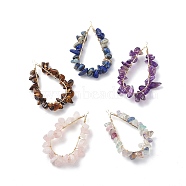 5Pcs 5 Styles Teardrop Mixed Stone Chip Big Pendants, Teardrop Charm, Natural Fluorite & Lapis Lazuli & Amethyst & Rose Quartz & Tiger Eye, with Eco-Friendly Copper Wire Wrapped, Light Gold, 54~55x28~34x7~8mm, Hole: 1mm, 1pc/style(PALLOY-JF01922)