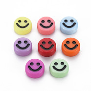 Opaque Acrylic Beads, with Enamel, Flat Round with Smile Face, Mixed Color, 10x5mm, Hole: 2mm, about 1450pcs/500g(MACR-N008-55-B)