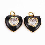 Brass Enamel Pendants, with Clear Cubic Zirconia and Jump Ring, Nickel Free, Real 16K Gold Plated, Heart, Black, 17.5x15.5x4.5mm, Hole: 3.5mm(KK-T013-15B-NF)