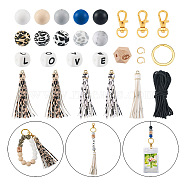 DIY Keychain Wristlet Making Kit, Including Alloy Split Key Rings & Clasps, Octagon with Eye Wood & Silicone Marble Pattern Beads, PU Big Tassel Pendants, Black and White(DIY-TA0004-40)