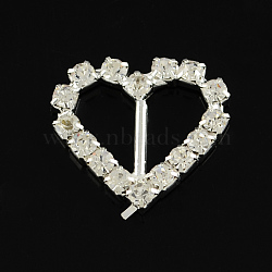 Shining Heart Wedding Invitation Ribbon Buckles, Silver Color Plated Brass Grade A Crystal Rhinestone Garment Dress Slide Buckles, Crystal, 21x20x3mm, Hole: 12x7mm(RB-S019-07)