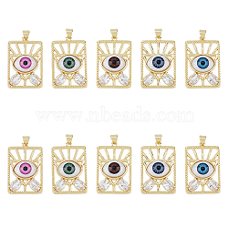 10Pcs 5 Colors Brass Micro Pave Clear Cubic Zirconia Pendants, with Resin, Real 18K Gold Plated, Rectangle with Evil Eye, Mixed Color, 31x20.5x6mm, Hole: 5x3mm, 2pcs/color(ZIRC-DC0001-19)