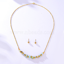 Natural Flower Amazonite Chips Pendant Necklace & Round Ball Stud Earrings, Golden Stainless Steel Jewelry Set, no size(RE2952-1)