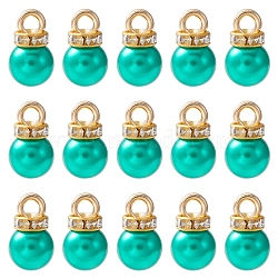 ABS Plastic Charms, with Golden Tone Iron Findings and Rhinestone, Dyed, Round Charm, Light Sea Green, 13.5x8mm, Hole: 2.5mm, about 15pcs/bag(KY-YW0001-24B)