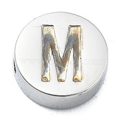 Tarnish Resistant 304 Stainless Steel Beads, Flat Round with Letter, Stainless Steel Color, Letter M, 8x3mm, Hole: 1.6mm(STAS-H219-15P-M)