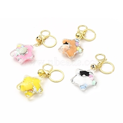 Acrylic Keychain, with Zinc Alloy Lobster Claw Clasps, Iron Key Ring and Brass Bell, Star, Mixed Color, 11cm(KEYC-C001-03G)