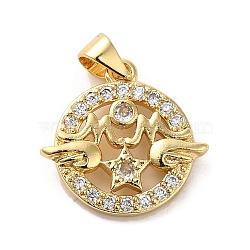 Rack Plating Brass Micro Pave Clear Cubic Zirconia Pendants, Long-Lasting Plated, Cadmium Free & Lead Free, Flat Round with Wings, Real 18K Gold Plated, 17x18x3mm, Hole: 3.4x4.4mm(KK-A206-09G)