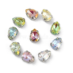 Brass Glass Rhinestone Sew on Rhinestones, Teardrop, Faceted, Mixed Color, Platinum, 14x10x6.5mm, Hole: 0.8mm(RGLA-U001-10P-01)