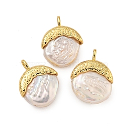 Natural Keshi Pearl Pendants, Flat Round Charms with Rack Plating Brass Findings, Long-Lasting Plated,  Cadmium Free & Lead Free, Real 18K Gold Plated, 22x17.5x5.5mm, Hole: 3.5x2.5mm(X-KK-C074-59G)