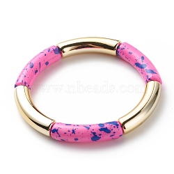 Acrylic Curved Tube Beaded Stretch Bracelet, Chunky Bamboo Friendship Braceelet for Women, Deep Pink, Inner Diameter: 2-1/8 inch(5.3cm)(BJEW-JB08444-04)