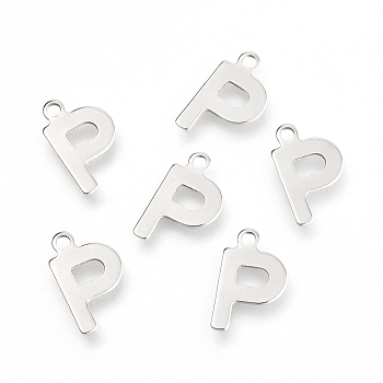201 Stainless Steel Charms, Alphabet, Letter.P, 12x7.3x0.6mm, Hole: 1.4mm