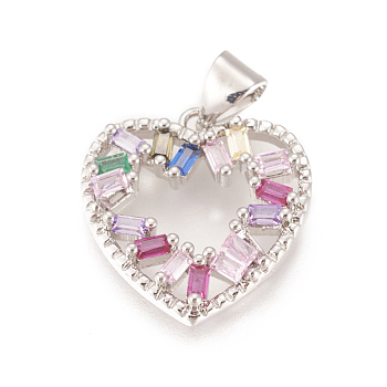 Brass Micro Pave Cubic Zirconia Pendants, Long-Lasting Plated, Lead Free & Cadmium Free & Nickel Free, Heart, Colorful, Real Platinum Plated, 17.5x17x3.5mm, Hole: 4x3.5mm