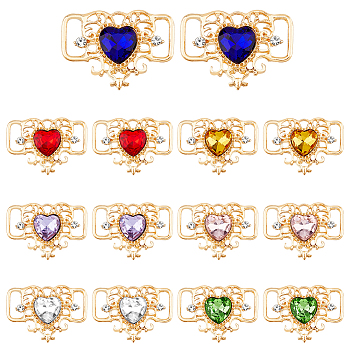 14Pcs 7 Colors Alloy Rhinestone Connector Charms, Light Gold, Heart Links, Mixed Color, 22x31x5~5.5mm, Hole: 10.5x3.5mm, 2pcs/color