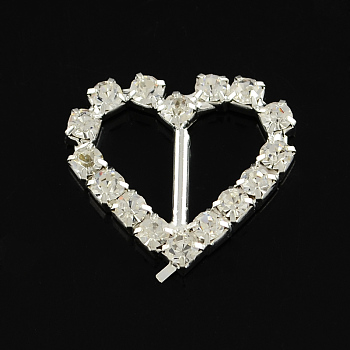 Shining Heart Wedding Invitation Ribbon Buckles, Silver Color Plated Brass Grade A Crystal Rhinestone Garment Dress Slide Buckles, Crystal, 21x20x3mm, Hole: 12x7mm