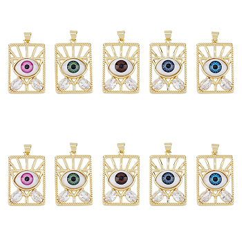 10Pcs 5 Colors Brass Micro Pave Clear Cubic Zirconia Pendants, with Resin, Real 18K Gold Plated, Rectangle with Evil Eye, Mixed Color, 31x20.5x6mm, Hole: 5x3mm, 2pcs/color