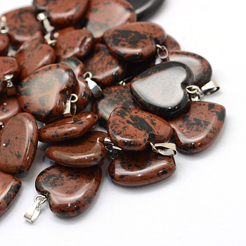 Heart Natural Mahogany Obsidian Pendants, with Platinum Tone Brass Findings, 20~22x20~21x5~8mm, Hole: 2x7mm