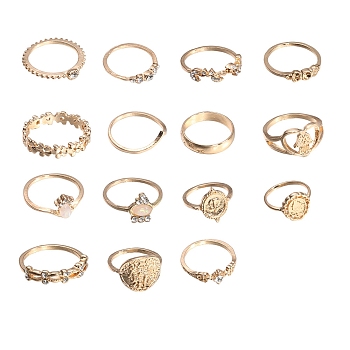 15Pcs 15 Style Flower & Hamsa Hand & Oval & Cross Alloy Finger Rings Set, Stackable Rings for Women, Golden, Inner Diameter: 16~18mm, 1Pc/style