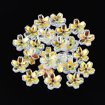 Transparent Electroplate Glass Bead Caps, 5-Patal Sakura Flower, Clear AB, 10~11x4~4.5mm, Hole: 1.2~1.4mm