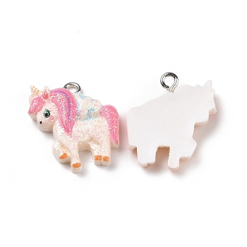 Opaque Resin Pendants, with Glitter Powder and Platinum Tone Iron Loops, Unicorn Charm, Pink, 21x19.5x5.5mm, Hole: 2mm